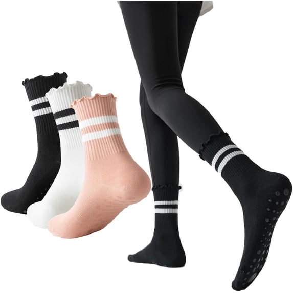 3 Pairs Pilates Socks with Grips Non-slip Yoga Crew Sock Ruffle Striped Sock for Gym Hospital Sticky Slipper Socks