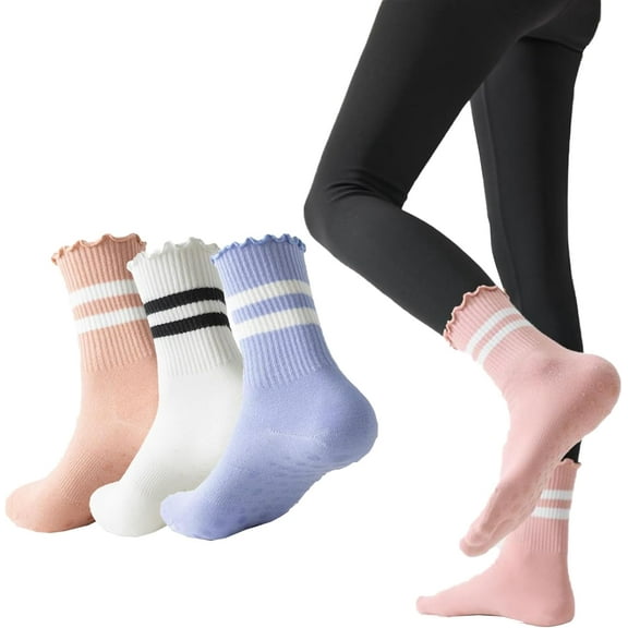 3 Pairs Pilates Socks with Grips Non-slip Yoga Crew Sock Ruffle Striped Sock for Gym Hospital Sticky Slipper Socks
