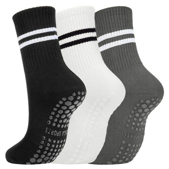 3 Pairs Pilates Socks with Grips, Women's Non Slip Yoga Socks for Ballet, Dance, Workouts & Hospital（Black/White/Gray）
