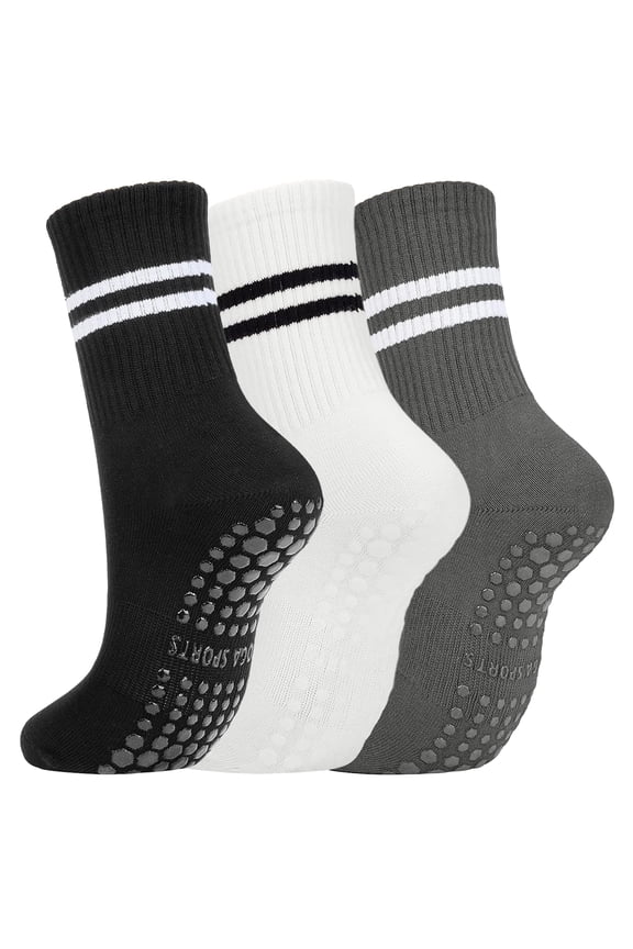 3 Pairs Pilates Socks with Grips, Women's Non Slip Yoga Socks for Ballet, Dance, Workouts & Hospital(Black/White/Gray)