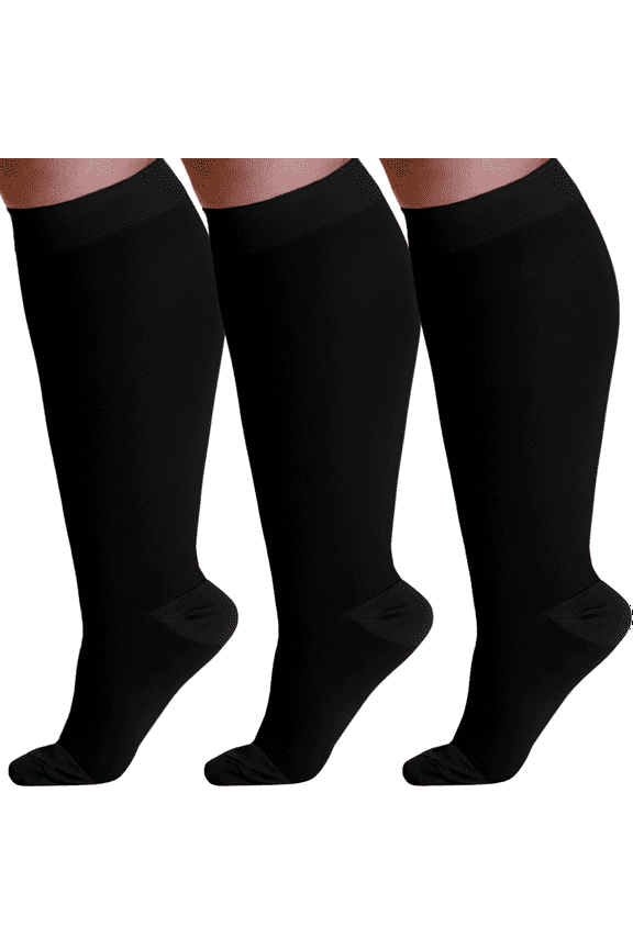 (3 Pairs) Plus Size Compression Knee High for Men & Women 20-30mmHg - Black, 5XL