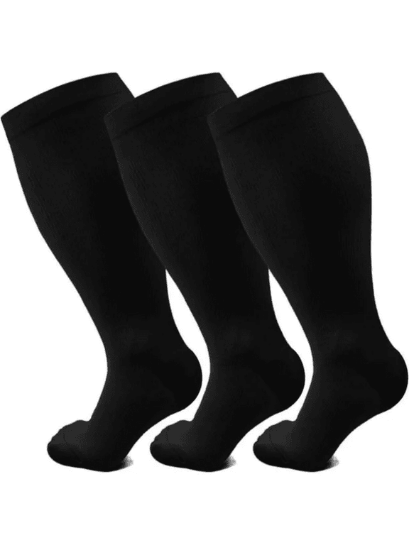 3 Pairs Plus Size Compression Socks Wide Calf for Women and Men 20-30 mmHg Plus Size Knee High Support Stockings for Running ,Travel(XXL)
