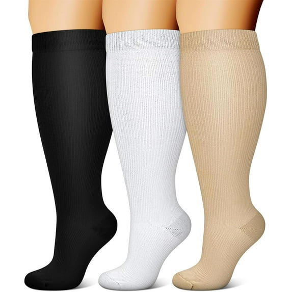 3 Pairs Plus Size Compression Socks Wide Calf for Women and Men, Extra Large Compression Stocking, Knee High Support