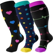 HYWYS 3 Pack Plus Size Compression Socks for Women Men 20 30 mmhg Extra Wide Calf Knee High Stockings for Circulation Support 4XL Mixcolor 2