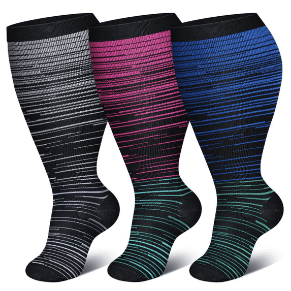 3 Pairs Plus Size Compression Socks for Women and Men, 20-30 mmHg Wide Calf Extra Large Knee High Flight Stockings for Circulation Running Travel Nurses Pregnant