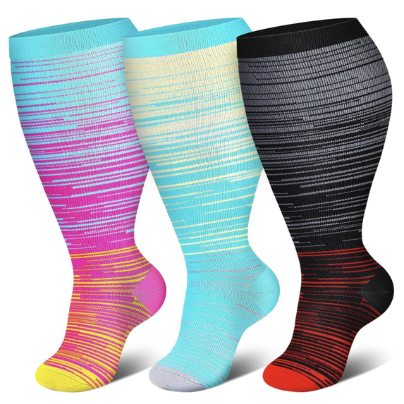 3 Pairs Plus Size Compression Socks for Women and Men, 20-30 mmHg Wide Calf Extra Large Knee High Flight Stockings for Circulation Running Travel Nurses Pregnant
