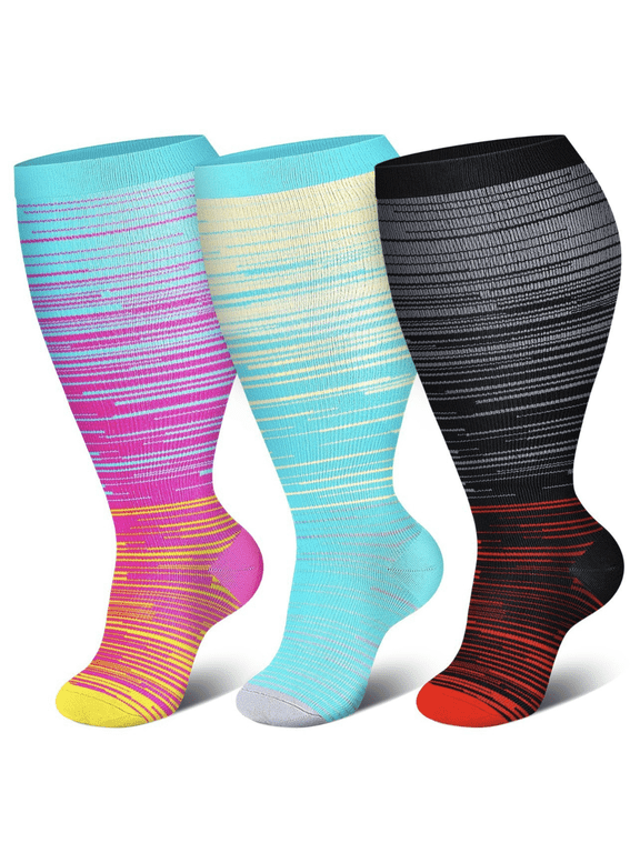 3 Pairs Plus Size Compression Socks for Women and Men, 20-30 mmHg Wide Calf Extra Large Knee High Flight Stockings for Circulation Running Travel Nurses Pregnant