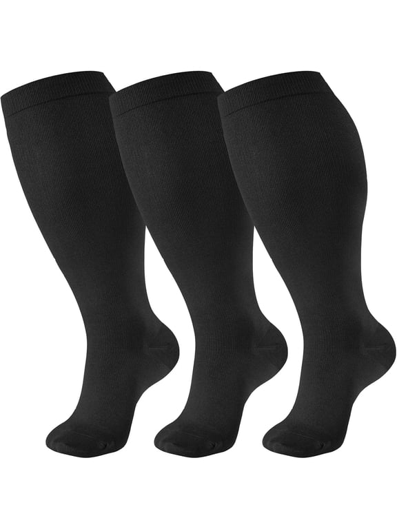 3 Pairs Plus Size Compression Socks for Women & Men Circulation 20-30mmHg Plus Size Knee High Support Stockings for Medical | Circulation | Nurses | Running | Travel, Black 2XL