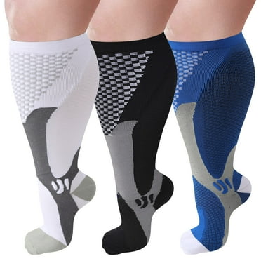 3 Pairs Plus Size Compression Socks for Women & Men, Extra Wide Calf 15-25 mmHg Knee High Compression Stockings for Circulation Swelling Support