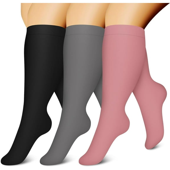 3 Pairs Plus Size Compression Socks for Women & Men Extra Wide Calf 20-30 mmHg Best Support for Circulation