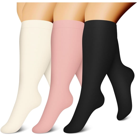 3 Pairs Plus Size Compression Socks for Women & Men Extra Wide Calf 20-30 mmHg Best Support for Circulation
