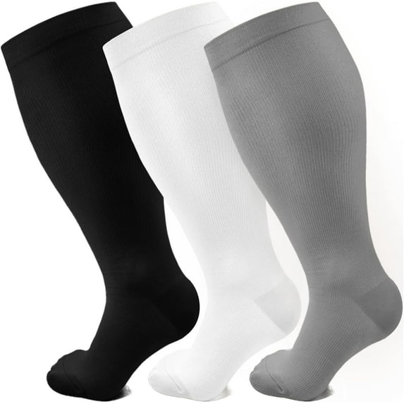 3 Pairs Plus Size Compression Socks for Women Men Wide Calf 20-30 mmHg Extra Large for Circulation Support Recovery,3XL