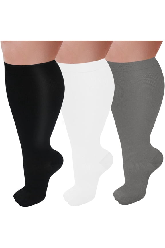 3 Pairs Plus Size Compression Socks for Women and Men Wide Calf 20-30mmhg Extra Large Knee High Support for Circulation