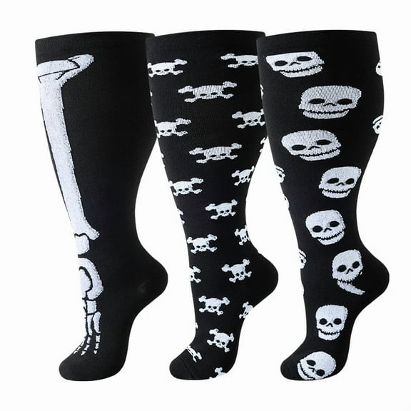 3 Pairs Plus Size Halloween Theme Black Compression Socks for Running, Outdoor Sports, Nursing Recovery