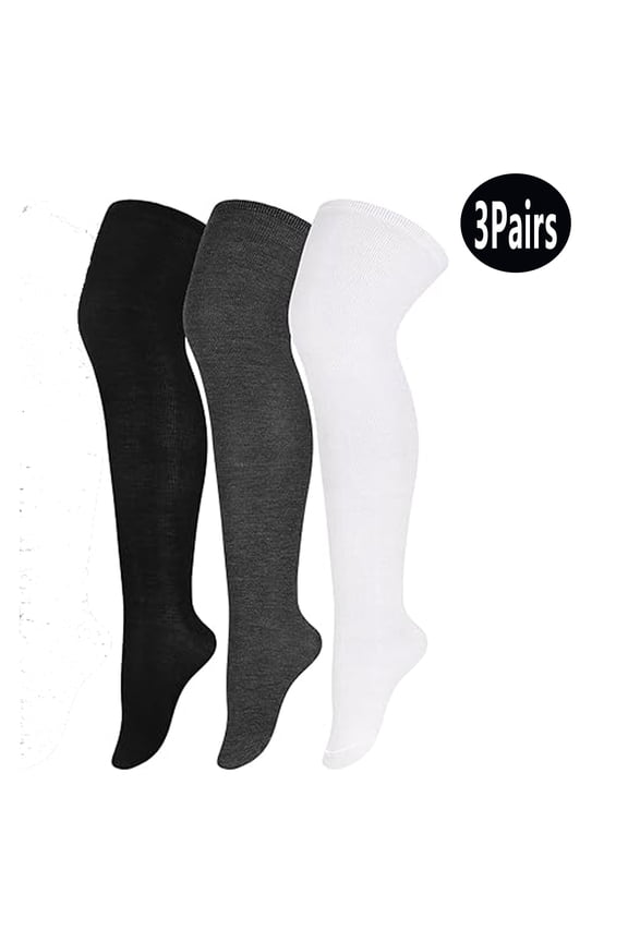 3 Pairs Plus Size Over Knee Socks Women Warm Thigh High Stockings for Daily Use, L-XXL(Black, White, Dark gray)