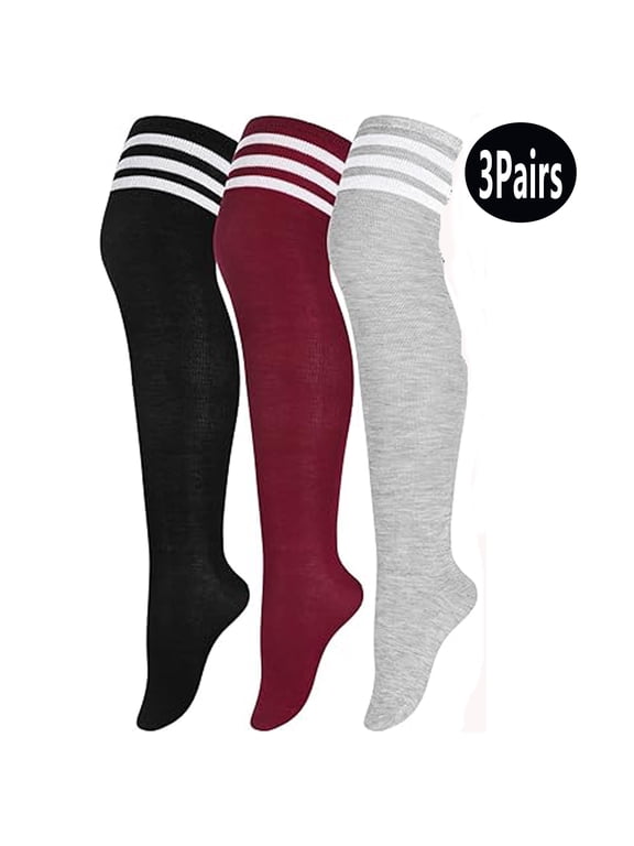 3 Pairs Plus Size Over Knee Socks Women Warm Thigh High Stockings for Daily Use, L-XXL(Wine Red, Light Grey,Black)