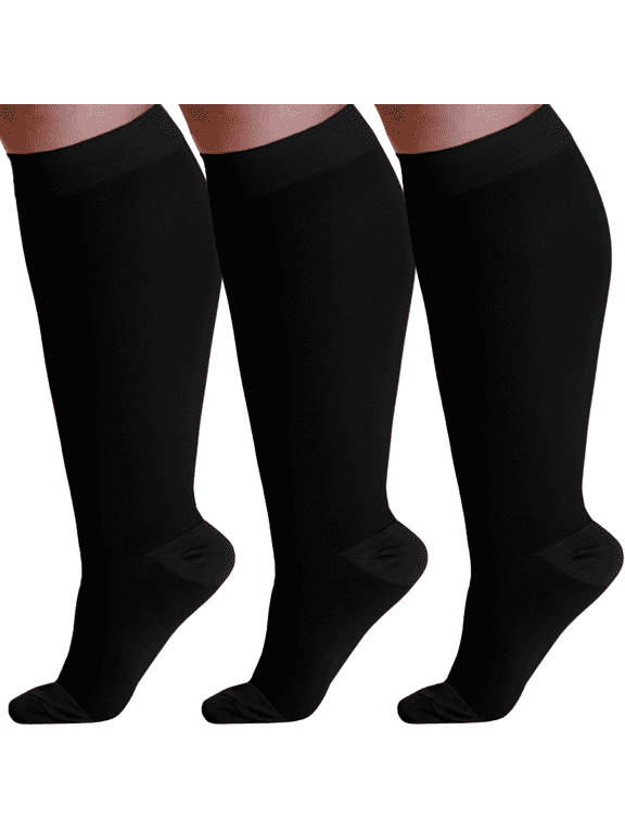 (3 Pairs) Plus Size Women and Mens Compression Socks 20-30mmHg - Black, 2X-Large