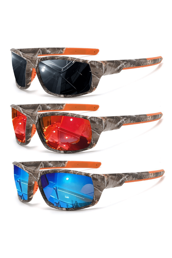 3 Pairs Polarized Camo Sunglasses for Men,Forest Camouflage Tactical Goggles,Women Fishing Sports Outdoor Wrap Around UV Protection Glasses(Black Red Blue)