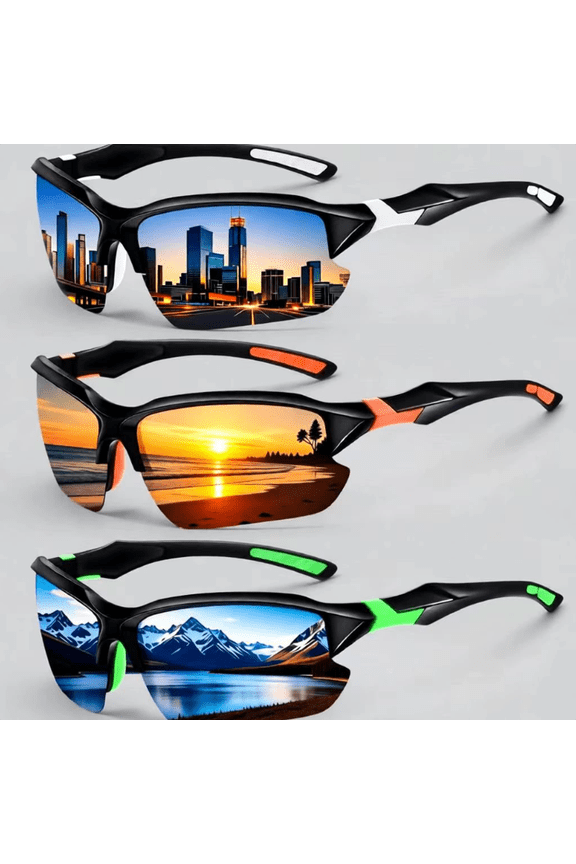 3 Pairs Polarized Cycling Sunglasses for Men,UV400 Protection Outdoor Shades,Half Frame Sports Goggles for Runing Hiking Climbing Golf(Black Red Green)