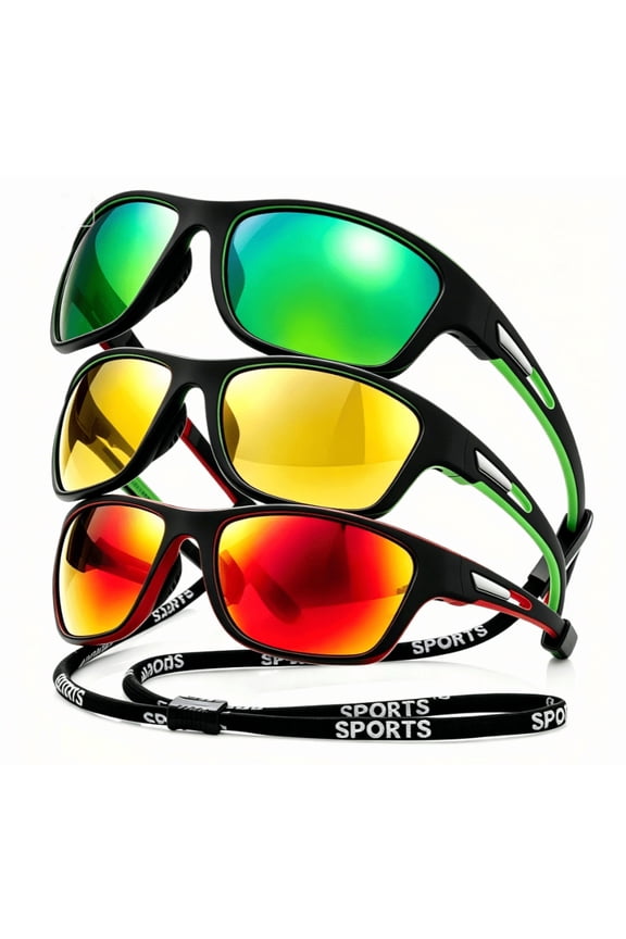 3 Pairs Polarized Mens Sunglasses,Wrap Around UV Protection Fishing Glasses for Men Women, Outdoor Sports Dustproof Goggles for Surfing Running Hiking(Green Yellow Red)