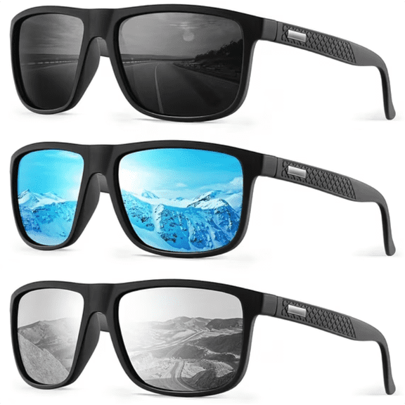 3 Pairs Polarized Sports Spectacles for Men,Women Square UV Protection Driving Goggles,Outdoor Mens Sunglasses for Fishing Running Climbing (Black Blue Silver)