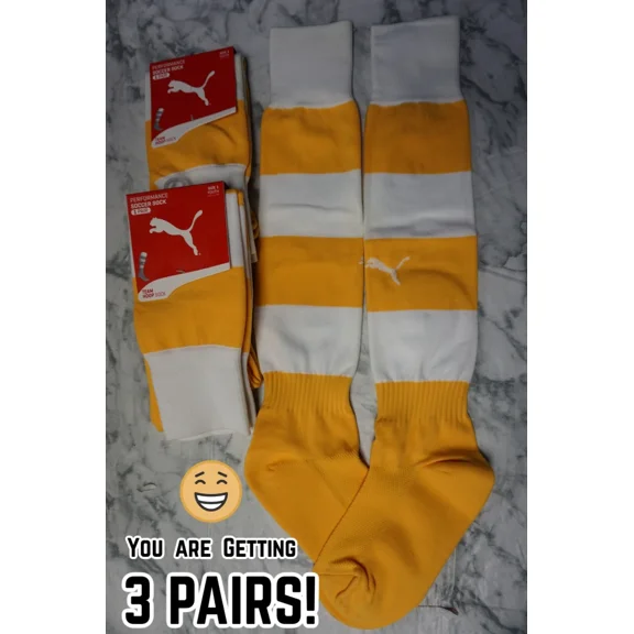 3 Pairs! Puma Adult Size 3 = Shoe Size 7-12 Soccer Socks Yellow + White #270