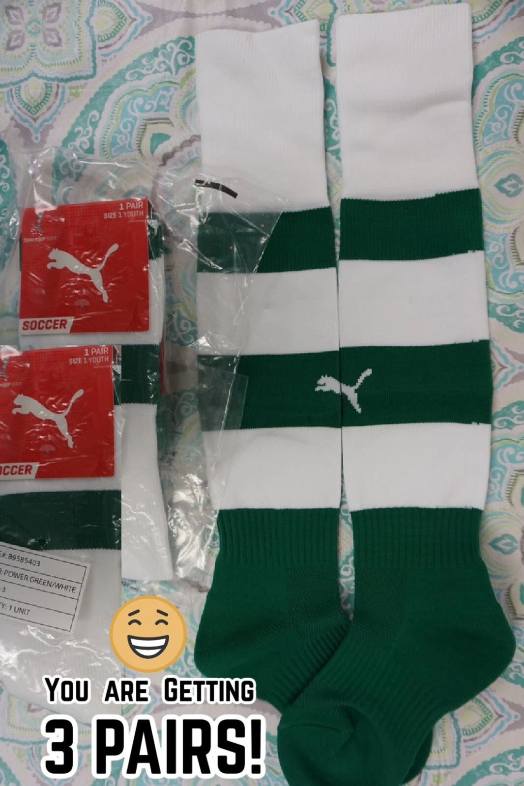 FORGE 3 Pairs Puma Youth Ages 10-14 Kneehigh Soccer Socks Power Green Stripe Sz 2#159