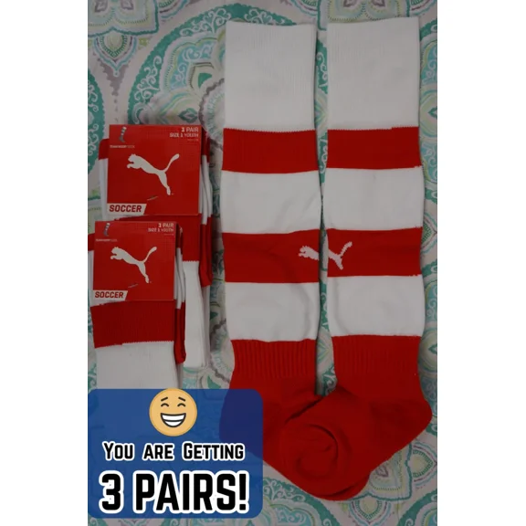 3 Pairs! Puma Youth Ages 6-10 = Sz 1 Kneehigh Soccer Sport Socks Red White #146