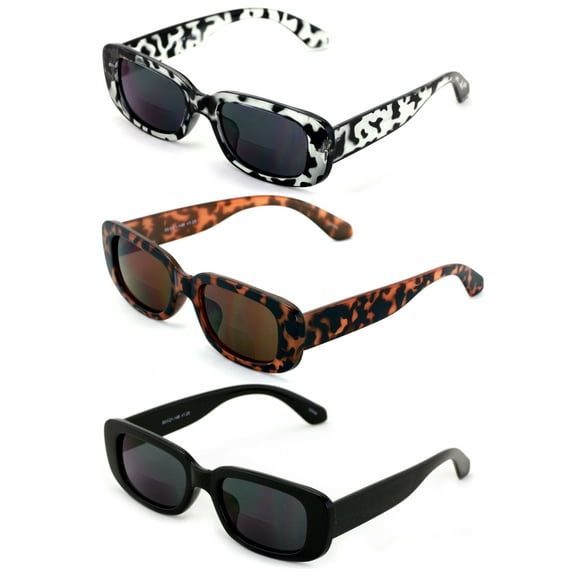 3 Pairs Rectangle Bifocal Sunglasses Reader for Women Retro Fashion Bold UV 400 Protection Outdoor Reading Glasses +1.25