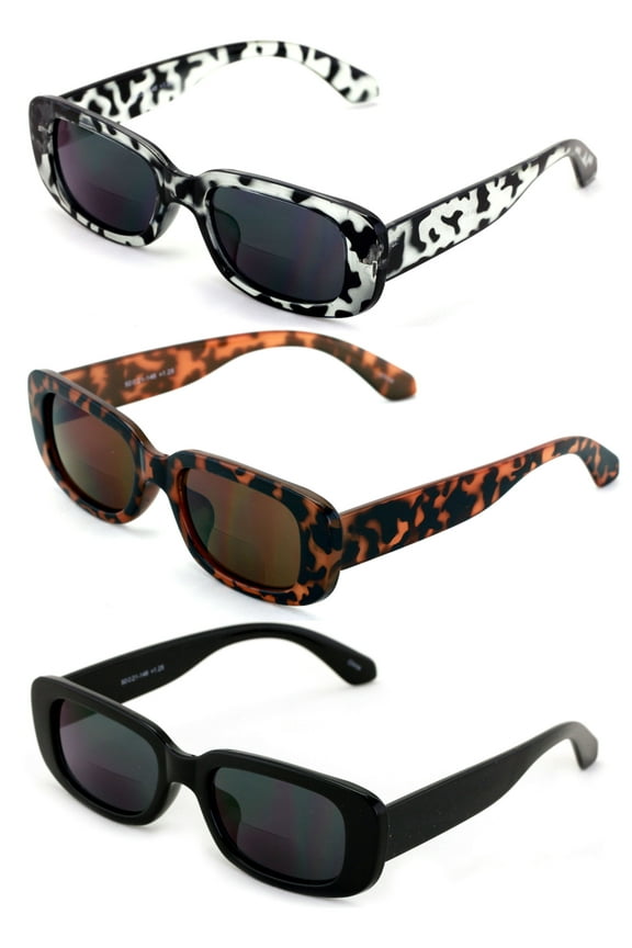 3 Pairs Rectangle Bifocal Sunglasses Reader for Women Retro Fashion Bold UV 400 Protection Outdoor Reading Glasses +1.25