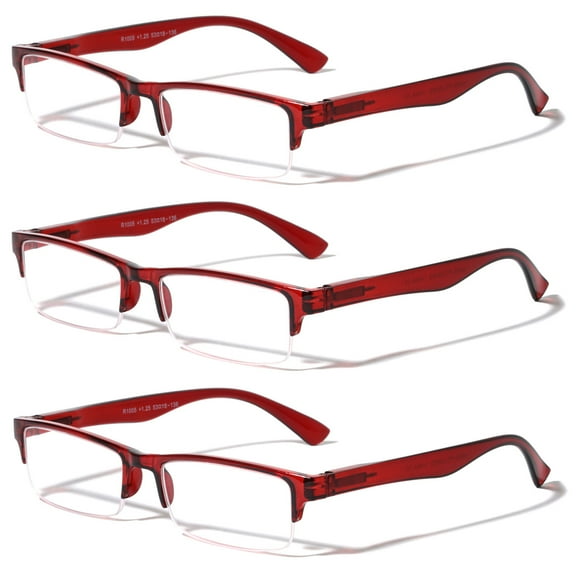 3 Pairs Rectangular Half Rim Reading Glasses - Simple Classic Clear Lens Reader - Spring Hinges +1.50