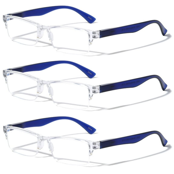 3 Pairs Rectangular Half Rim Reading Glasses - Simple Classic Clear Lens Reader - Spring Hinges +1.50