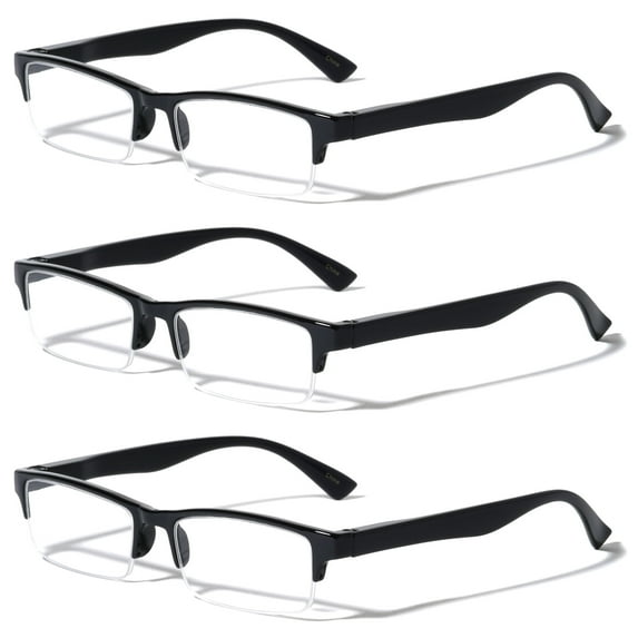 3 Pairs Rectangular Half Rim Reading Glasses - Simple Classic Clear Lens Reader - Spring Hinges +1.50