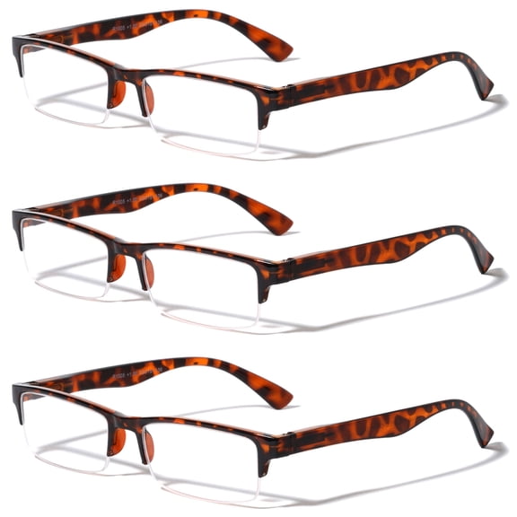 3 Pairs Rectangular Half Rim Reading Glasses - Simple Classic Clear Lens Reader - Spring Hinges +1.75