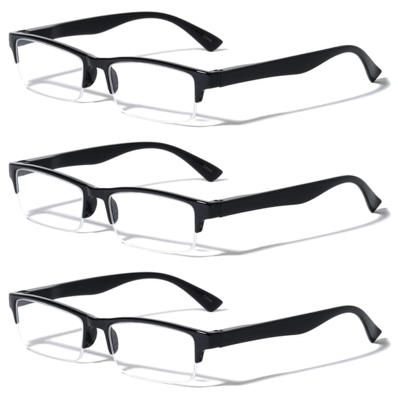 3 Pairs Rectangular Half Rim Reading Glasses - Simple Classic Clear Lens Reader - Spring Hinges +1.75