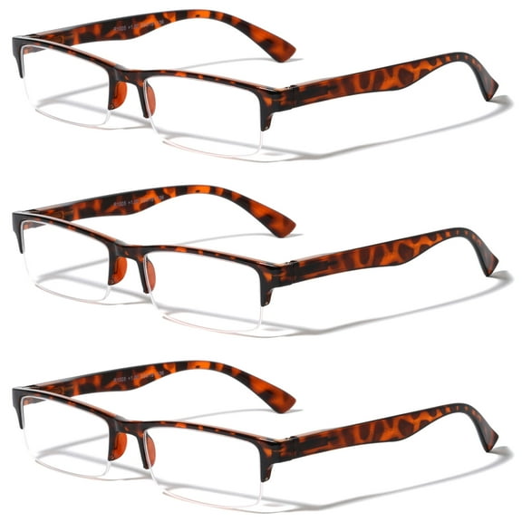 3 Pairs Rectangular Half Rim Reading Glasses - Simple Classic Clear Lens Reader - Spring Hinges +2.25