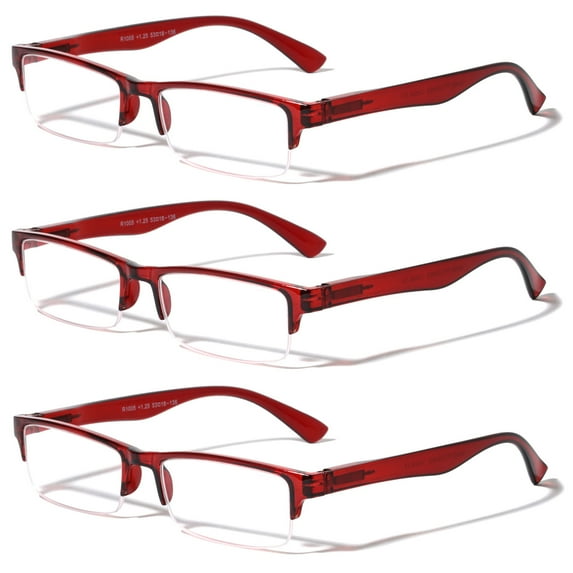 3 Pairs Rectangular Half Rim Reading Glasses - Simple Classic Clear Lens Reader - Spring Hinges +2.25