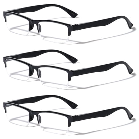 3 Pairs Rectangular Half Rim Reading Glasses - Simple Classic Clear Lens Reader - Spring Hinges +2.25