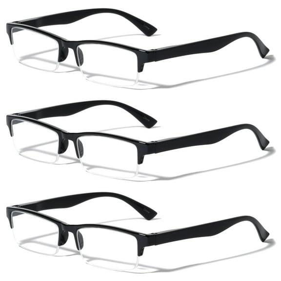 3 Pairs Rectangular Half Rim Reading Glasses - Simple Classic Clear Lens Reader - Spring Hinges +3.00