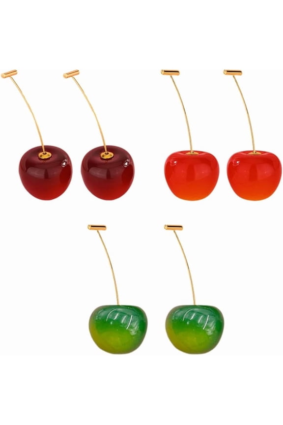 3 Pairs Red Green Cherry Drop Earrings Set for Women Gold Plated Hypoallergenic 3D Cute Fruit Charms Statement Dangle Earring Lightweight Y2K Holiday Birthday Party Jewelry Gifts
