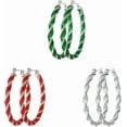 thumbnail image 1 of 3 Pairs Red Green Twisted Big Hoop Earrings Set for Women Silver Plated Geometric Round Hoops Drop Dangle Statement Earring Lightweight Click Top Christmas Xmas Party Jewelry, 1 of 6