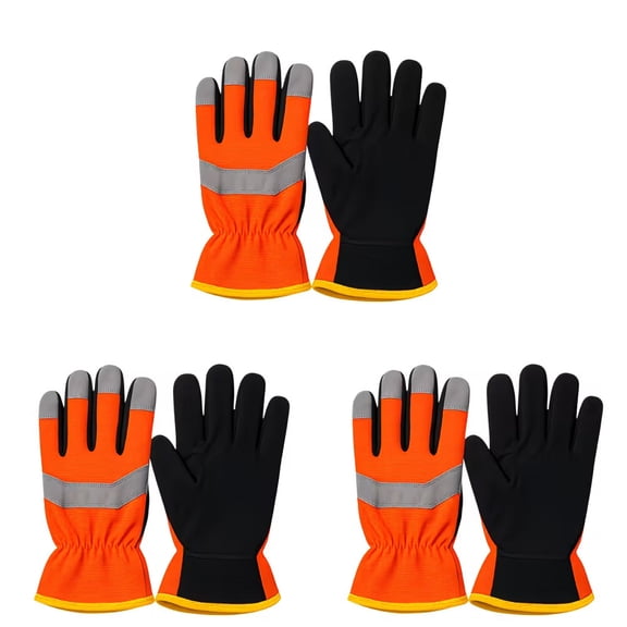 3 Pairs Reflective Safety Work Gloves, High Visibility Orange Black, Cotton Blend, Reinforced Palm, Elastic Cuff for Outdoor Construction & Road Work