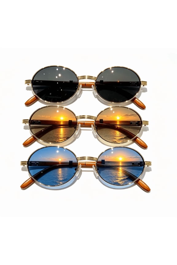 3 Pairs Retro Oval Sunglasses for Men,Women Faux Wood Round Sunglass Shades,UV400 Fashion Street Eyewears(Black Tea Blue)
