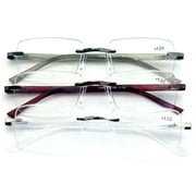 3 Pairs Rimless Modern Classic Rectangular Reading Glasses with Storage Case - Spring Hinge Design
