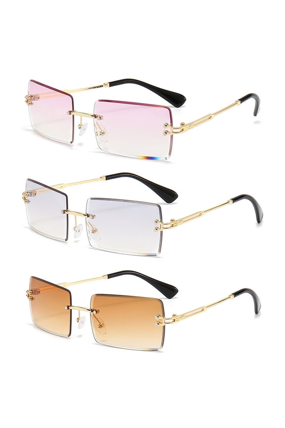 3 Pairs Rimless Rectangle Sunglasses Tinted Frameless Eyewear Vintage Transparent Rectangle Y2K Glasses for Women Men-C7 double tea +C8 light shade grey +C9 shade purple