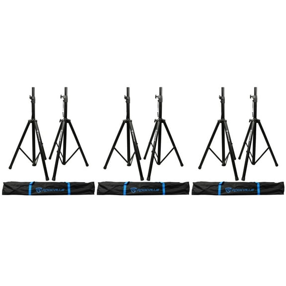(3) Pairs Rockville Tripod DJ PA Speaker Stands+Carrying Cases - 6 Stands Total