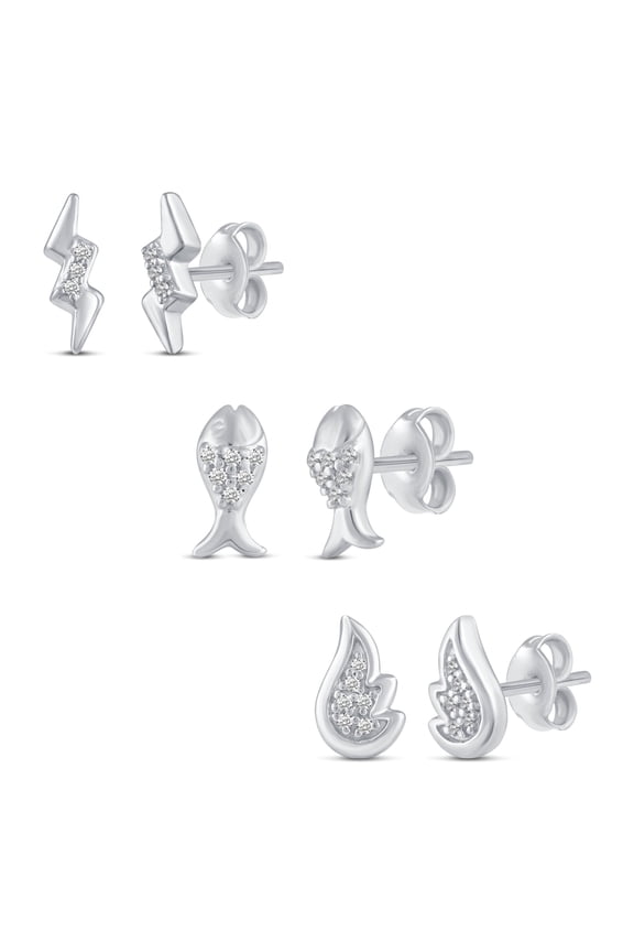 3 Pairs Set 1/10 Cttw Diamond Lightning Bolt Fish Angel Wing Earrings 925 Silver