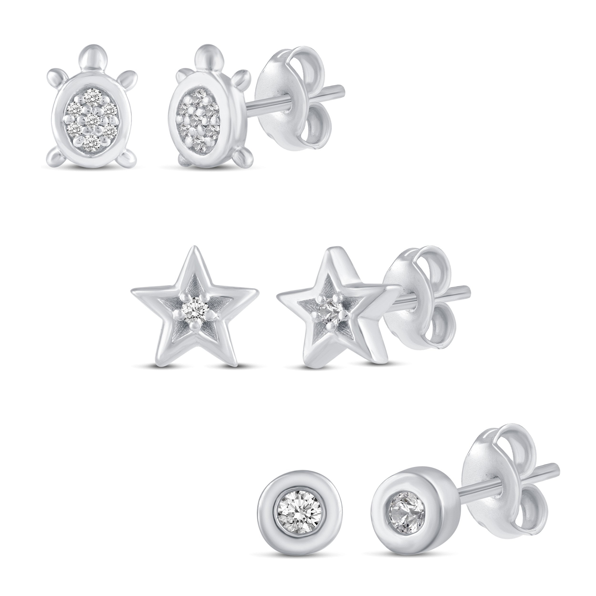 ☆TATIANA☆ Silver 925 Clear Daily Bezel Earrings EC1734 3 Pairs Set 1/10 Cttw Natural Diamond Turtle Star Bezel Stud
