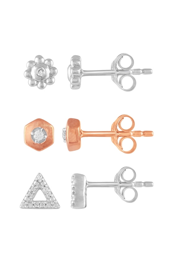 3 Pairs Set 1/20 Cttw Diamond Daisy Flower Hexagon Triangle Earrings 925 Silver