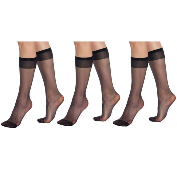 3 Pairs Sheer Knee High Socks for Women 15 Denier Stay up Band (Black)